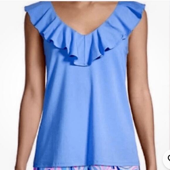 Lilly Pulitzer Indigo Blue Alessa Ruffle Tank Top Sz M Pima Cotton Modal Blend - Picture 1 of 7